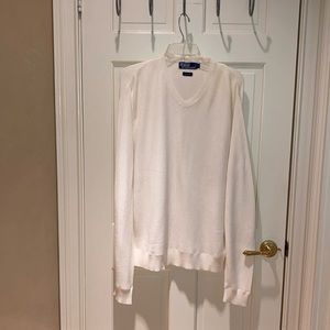 Men’s white cotton Vee neck sweater. Polo by Ralph Lauren.